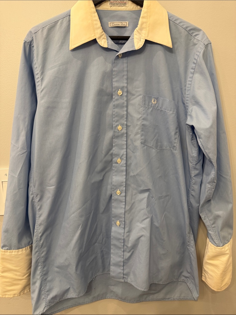 Vintage Dior Light Blue Dress Shirt with Cream Contrast Collar & Cuffs